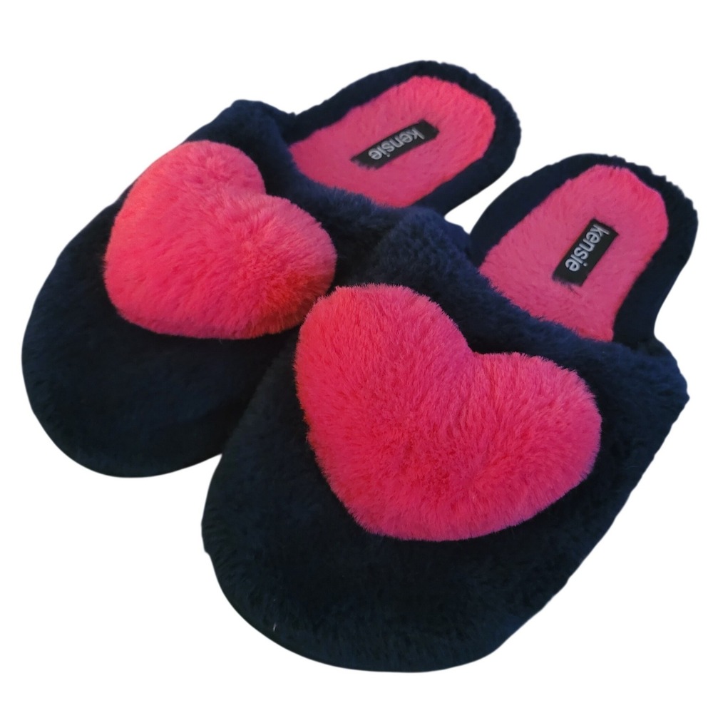 Kensie Womens Navy Blue Pink Faux Fur Heart Plush Slide Slippers‎ Medium 8 Y2K